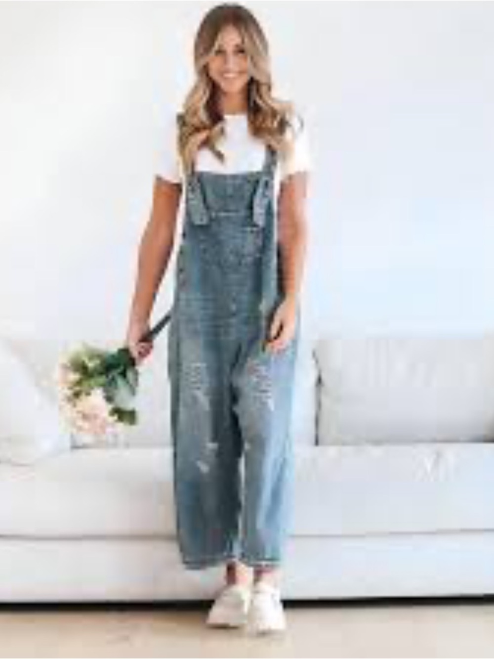 Blue Women's Distressed Denim Overalls - Picture 1 of 7